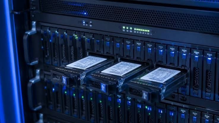 Server rack with storage drives pulled out