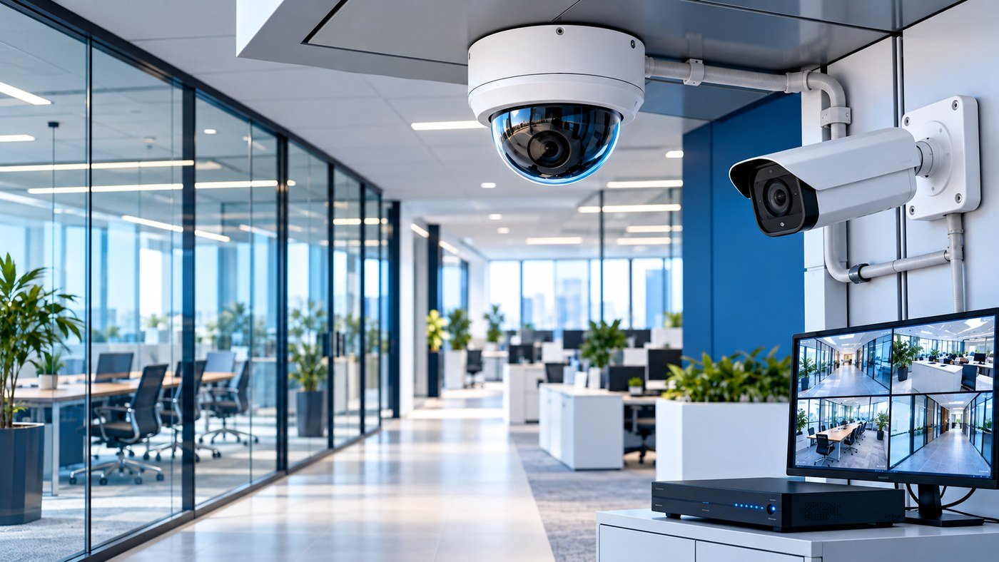 Dome and bullet CCTV cameras in a modern office