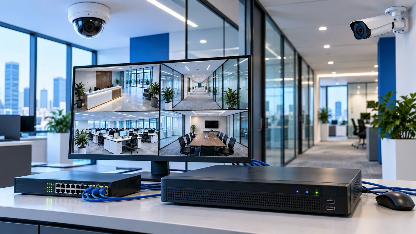 CCTV monitor and recorder with a network switch in an office