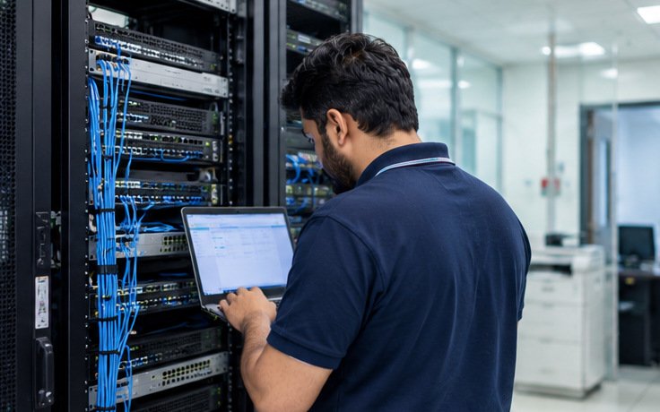 IT technician working beside a server rack in a healthcare facility