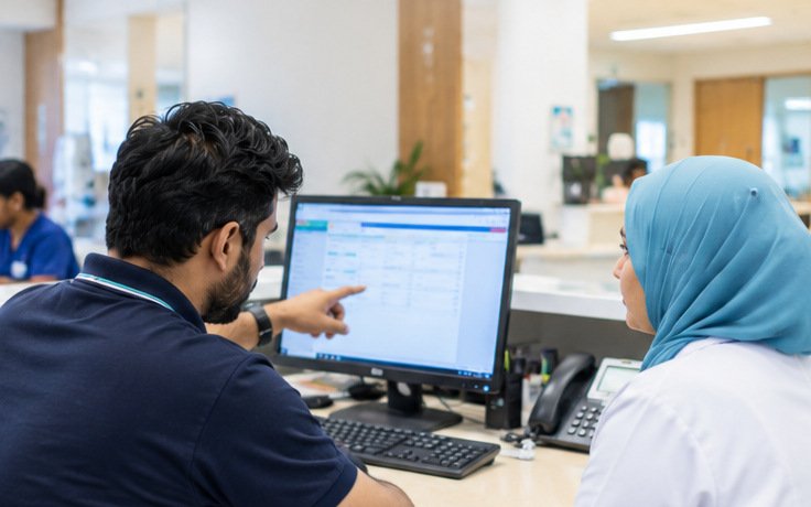 IT technician assisting healthcare staff at a computer in a clinic